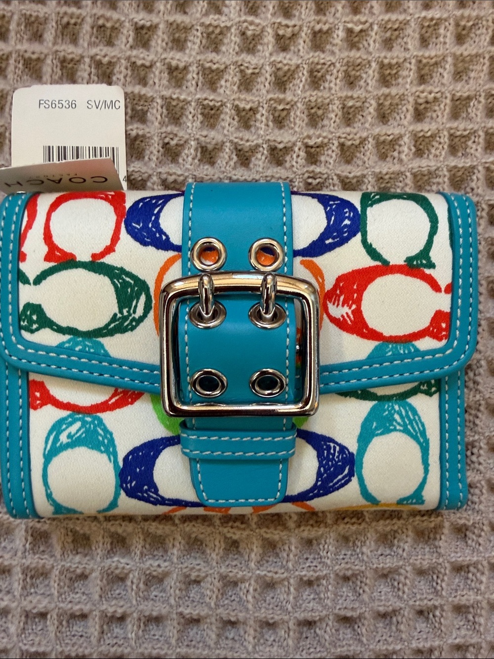 Coach scribble canvas leather bifold  Wallet with Turquoise Trim nwt